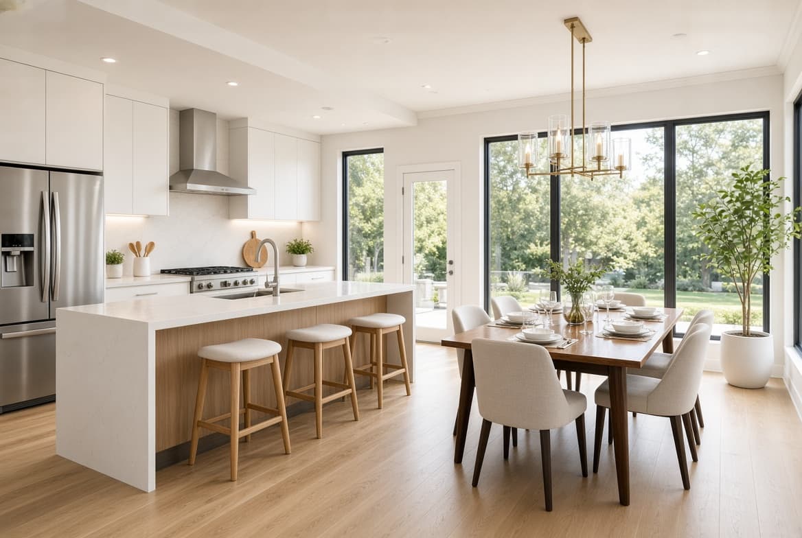 Bright, clean kitchen and dining area in a family home