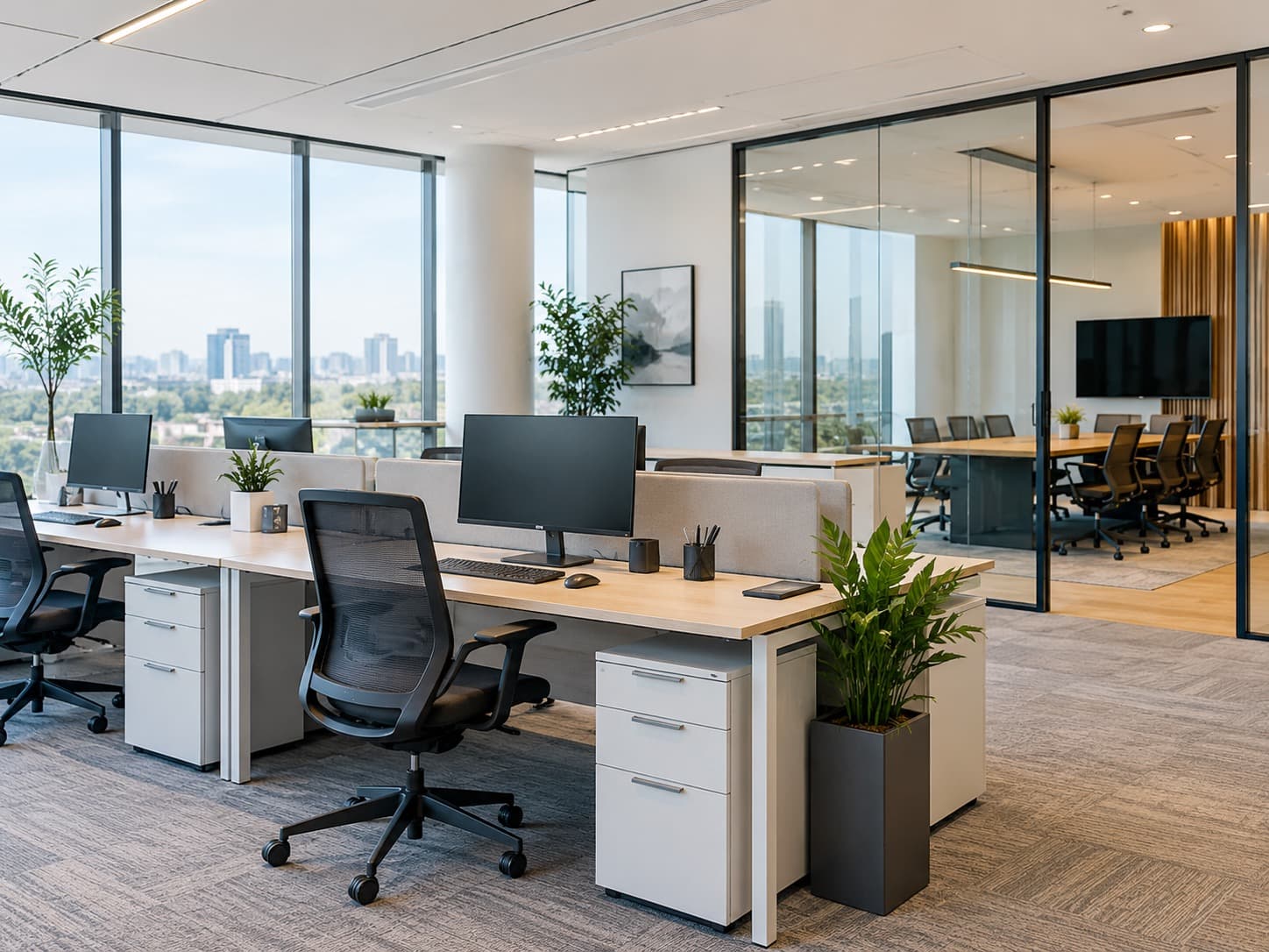 Clean, modern open-plan office with desks and a glass meeting room